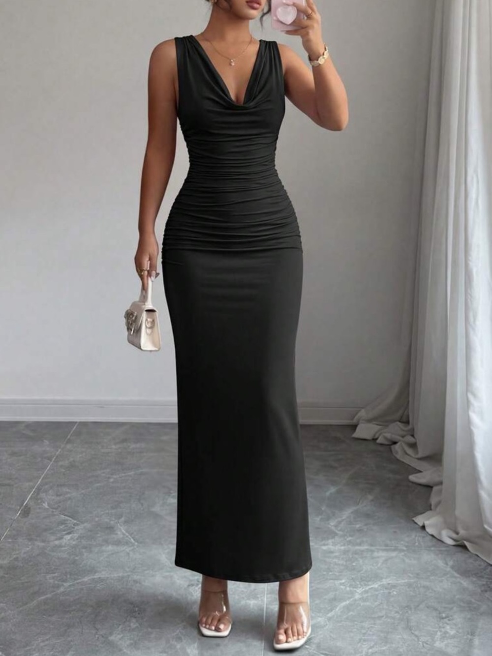 Sleeveless Black Ruched Cowl Neck Maxi Dress